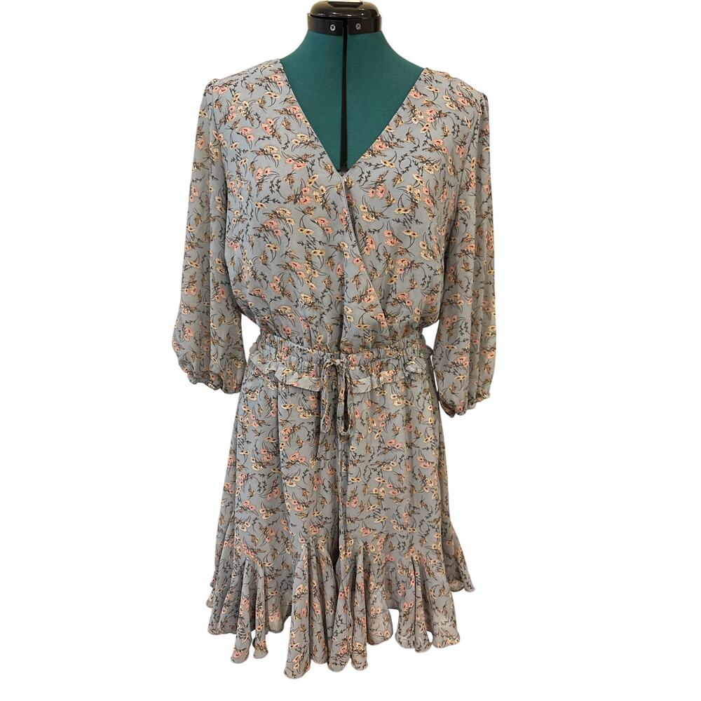 Juliana’s Floral Wrap Romper M Blue Ruffle Hem‎ Long Sleeve Drawstring Waist EUC